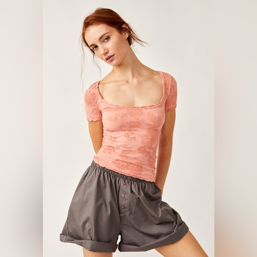 Free People Send Love short sleeve Peach Floral Textured Top
